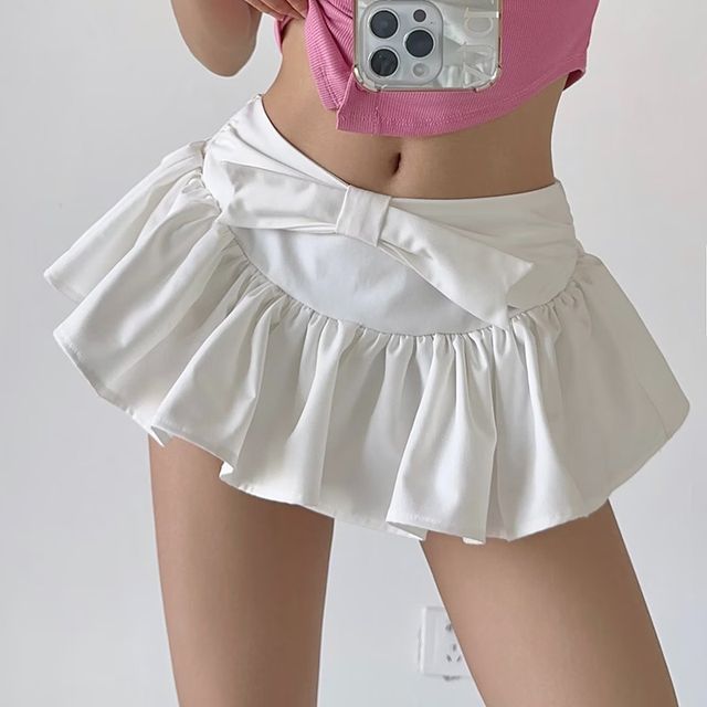 Mid Skirt Mini A-Line bow Plain Waist