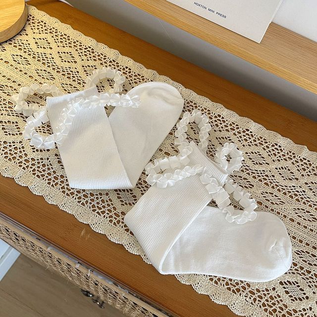 Plain Ruffled Cross Strap Tall Socks