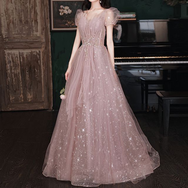 Puff-Sleeve Sweetheart Neckline Sequin Mesh A-Line Evening Gown