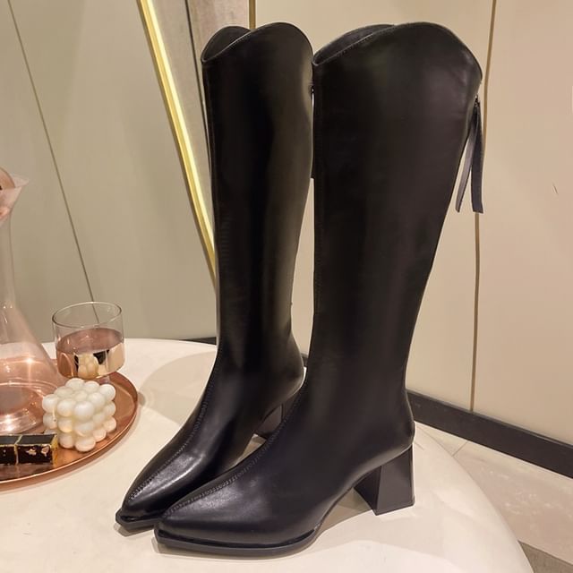 Faux Boots Leather Chunky Heel Pointy Tall