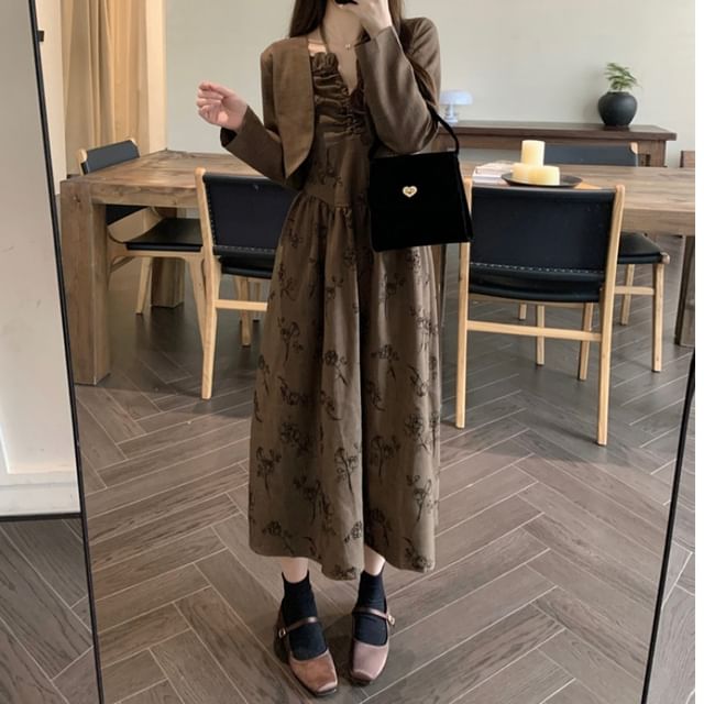 Long-Sleeve Notch Neck Floral Midi A-Line Dress / Plain Cropped Jacket  MK  Kawaii Store