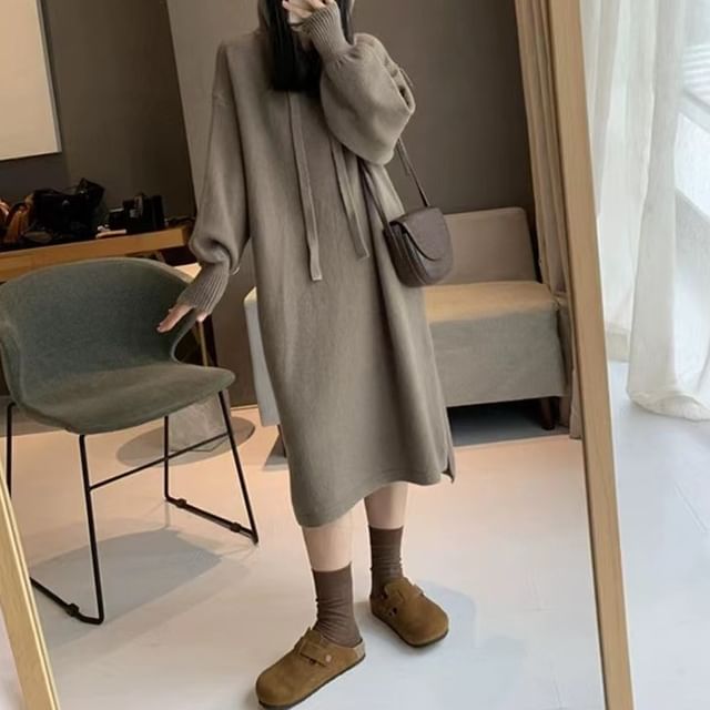 Hoodie Long-Sleeve Plain Dress Knit Midi