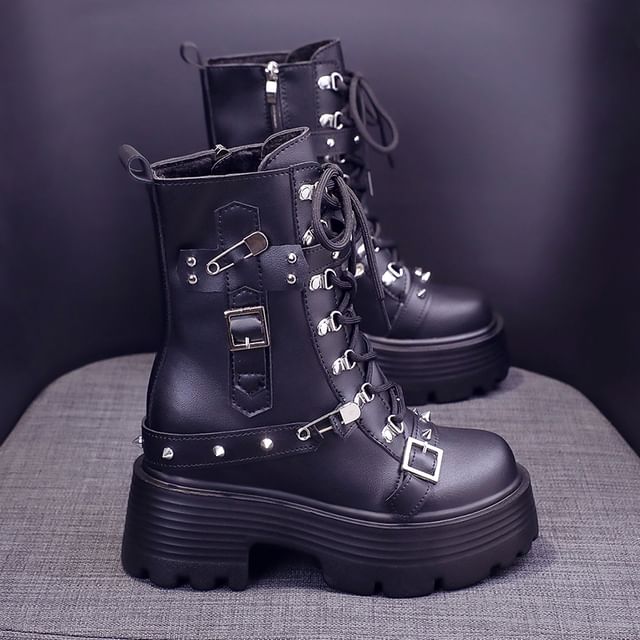 Faux Short Leather Platform Boots Lace-Up Heel Chunky Buckled