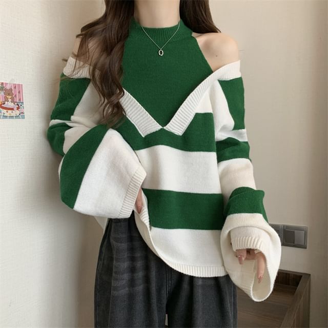 Long-Sleeve Sweater Striped Two-Piece Mock
