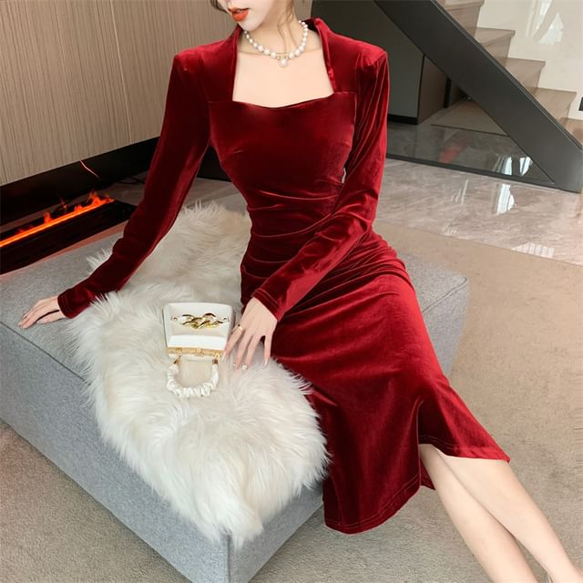 long sleeve square neck velvet dress Long-Sleeve Square Neck Plain Ruched Velvet Midi Mermaid Dress – MK Kawaii  Store