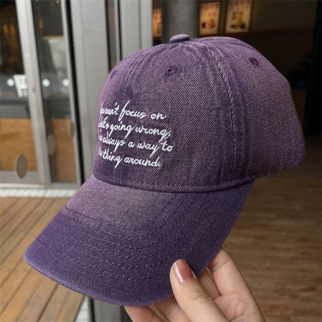 Lettering Washed Embroidered Baseball Denim Cap