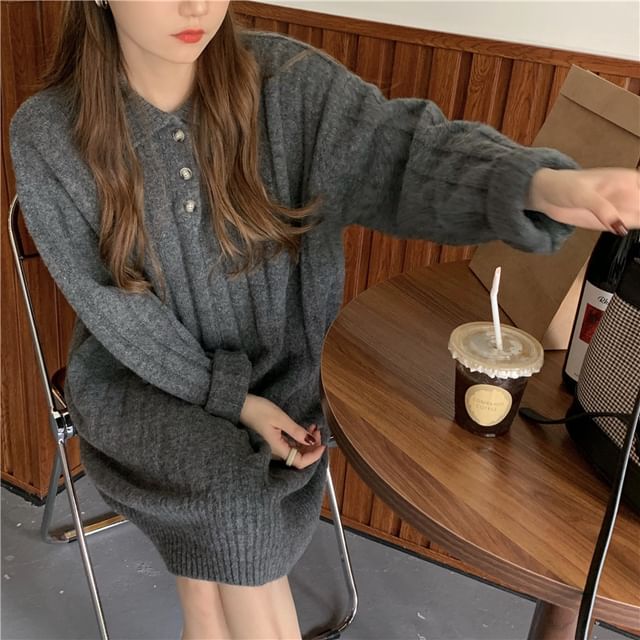Mini Dress Long-Sleeve Sweater Polo-Neck Plain
