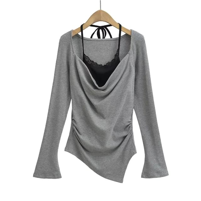 Set: Cowl Neck Asymmetric-Hem Long-Sleeve Top + Halter Lace-Trim Camisole