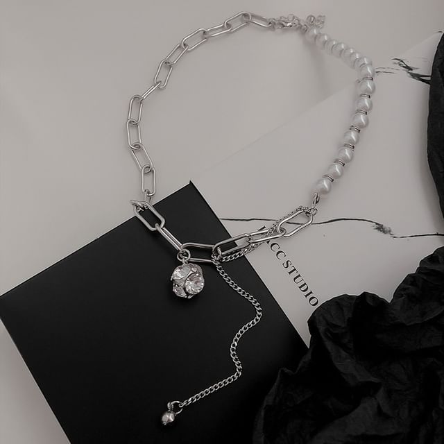 Faux Chain Necklace Rhinestone Pearl