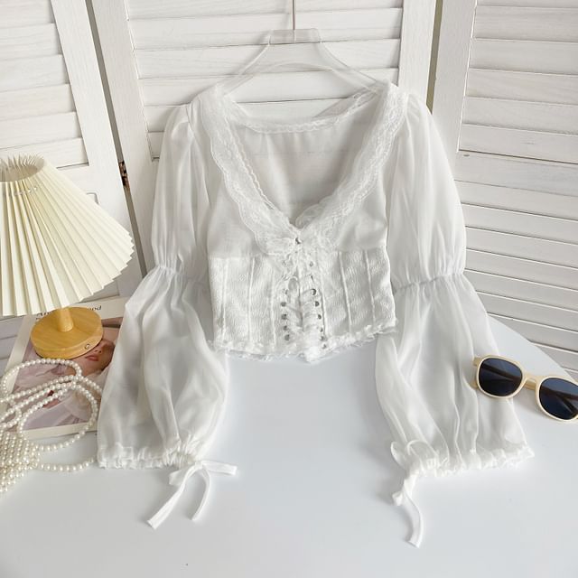 V-Neck Lace-Trim Bustier Blouse