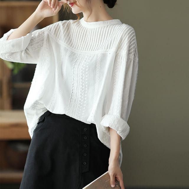 Crew-Neck Eyelet Lace Pintuck Panel Long-Sleeve Blouse