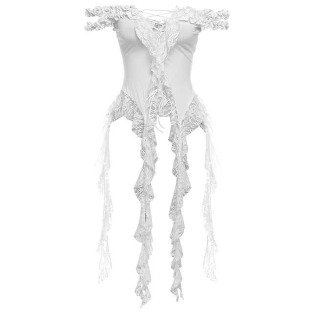 Off-Shoulder Asymmetrical Lace-Panel Frill Cutout Crop Top