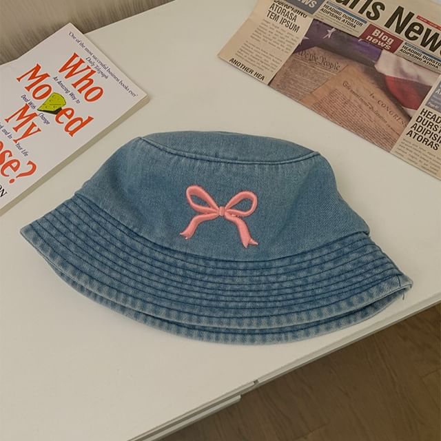 Hat Bucket Denim Bow Embroidered