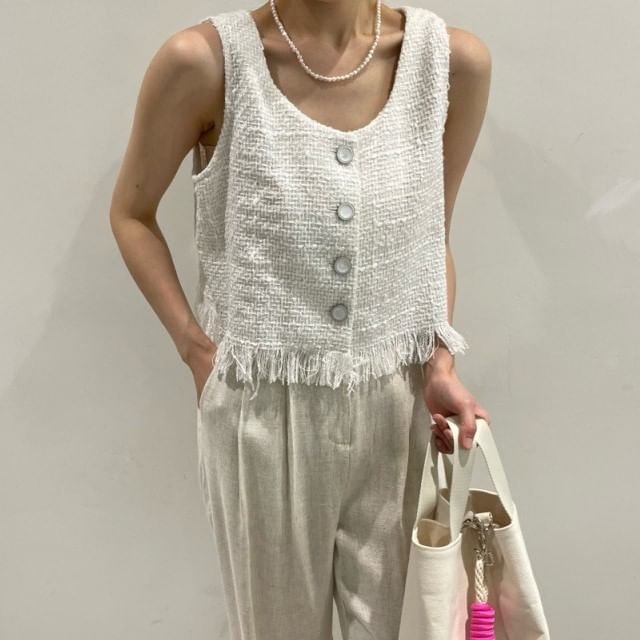 Round Neck Fringe Tweed Button Vest