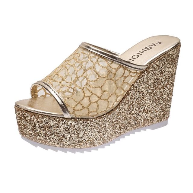 Plain Wedge Sandals Glitter Slide