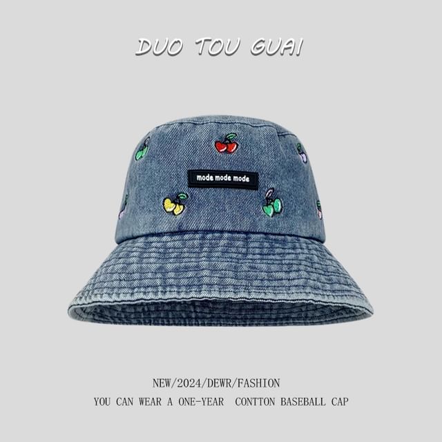 Cherry Denim Washed Hat Bucket Embroidered