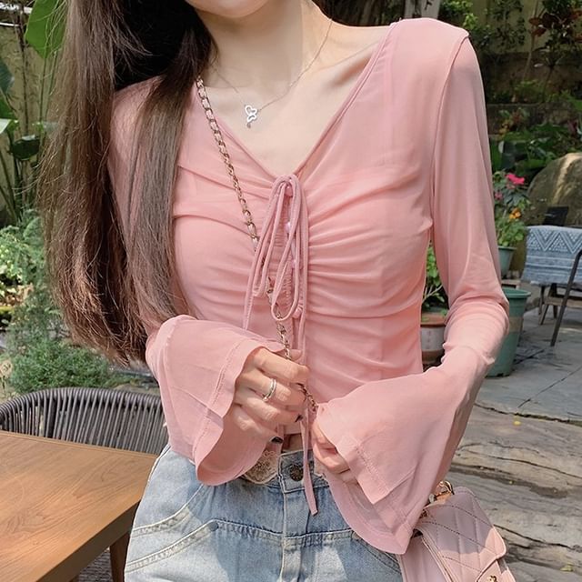 Plain Sheer Top Camisole / V-Neck Long-Sleeve