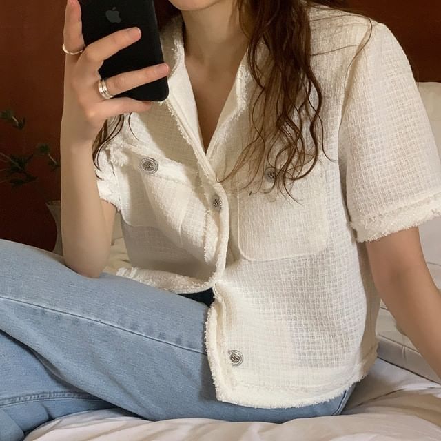 Short-Sleeve Button-Up Tweed Jacket