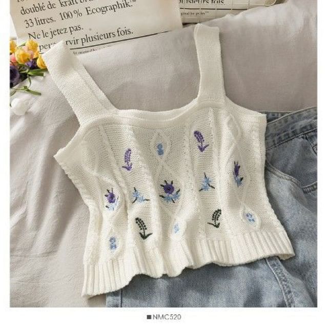 Cropped Camisole Flower Top Knit Embroidered