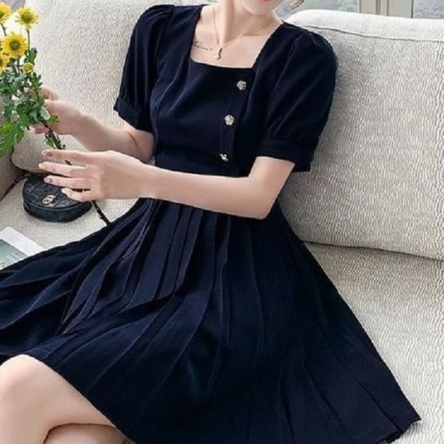 Neck A-Line Dress Square Plain Puff-Sleeve