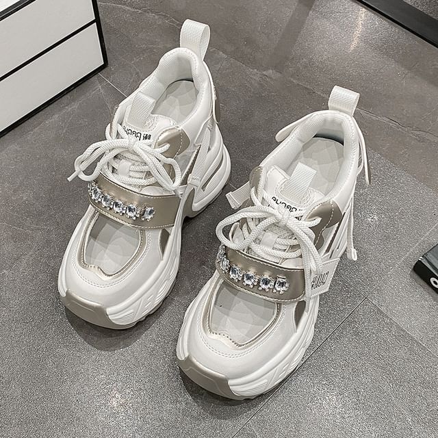 Sneakers Cutout Wedge Panel Hidden Platform Rhinestone