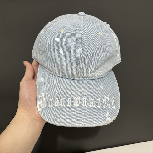 Cap Baseball Denim Lettering Washed Embroidered