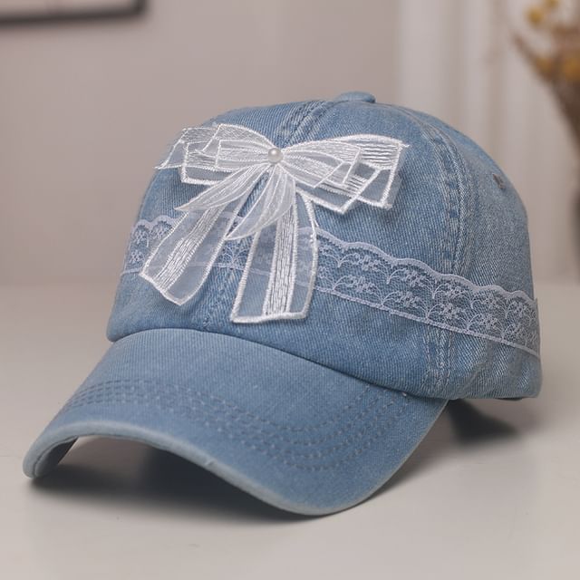 Denim Bow Cap Trim Pearl Lace Faux Baseball