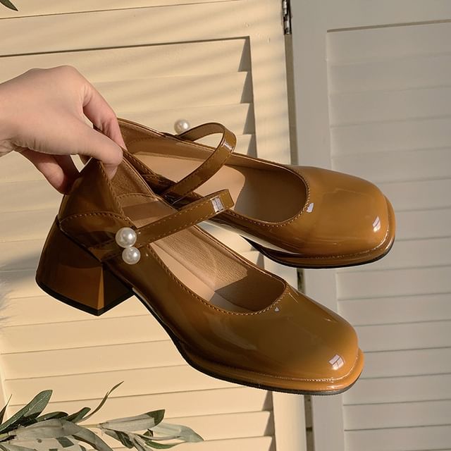 Pumps Pearl Mary Jane Block Heel Faux
