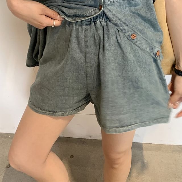 Sleeveless Collared Washed Ruched Shoulder Pad Denim Shirt / High Waist Denim Shorts