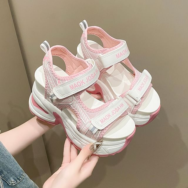 Adhesive Slingback Sandals Lettering Mesh Heel Wedge Strap Print