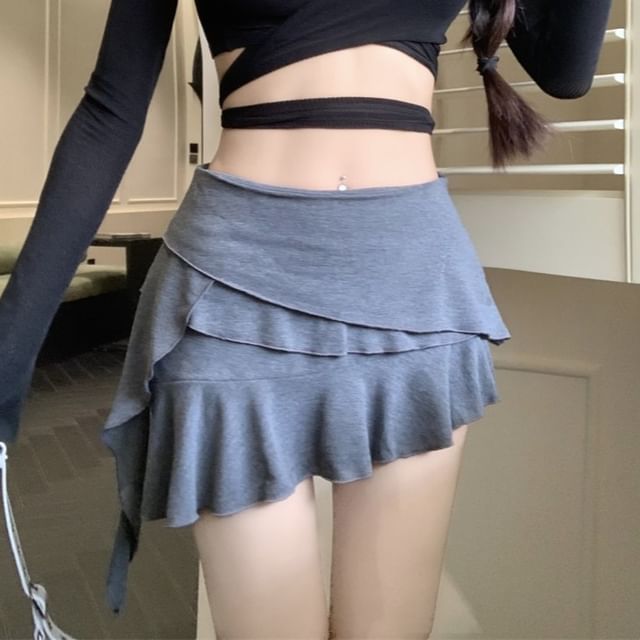 Rise Ruffle Mini Skirt Panel Plain Asymmetrical A-Line Mid