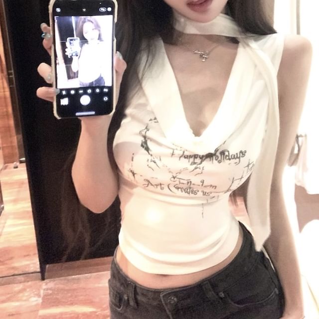 Neck Lettering Cowl Tank Crop Top Choker-Neck