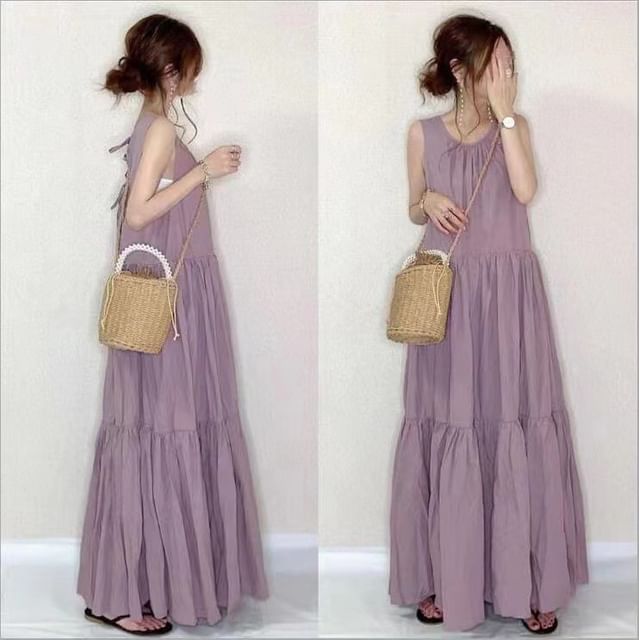 Scoop Neck Sleeveless Solid Sundress Maxi