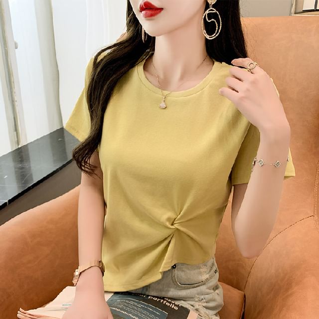 Plain Asymmetrical Crew T-Shirt Neck Ruched Short-Sleeve