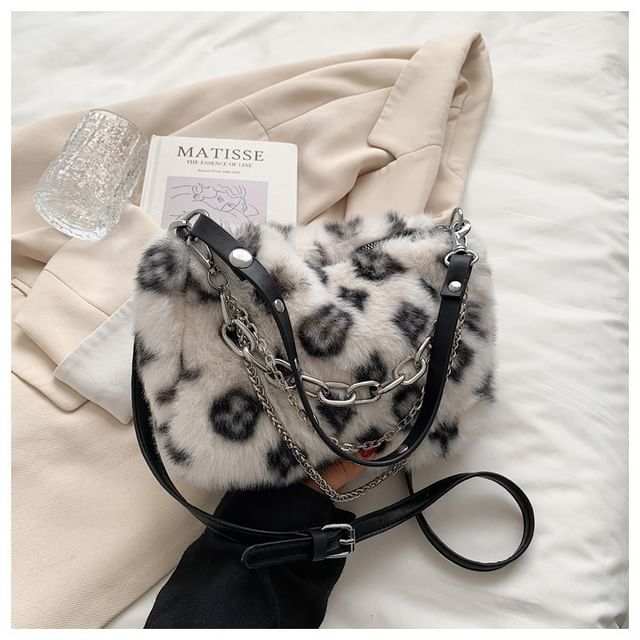 Print Chain Strap Crossbody Leopard Fluffy Bag