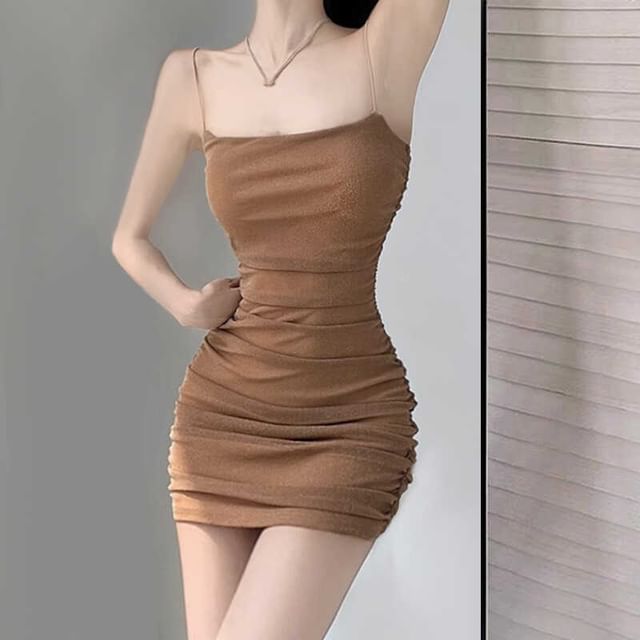 Thin Strap Glitter Ruched Mini Bodycon Dress