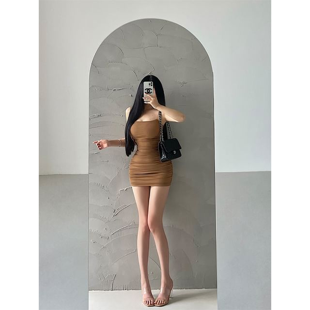 Thin Strap Solid Glitter Ruched Mini Bodycon Dress