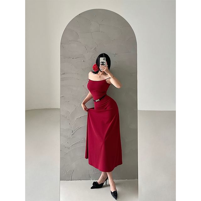 Set: Thin Strap Solid Maxi A-Line Dress + Belt