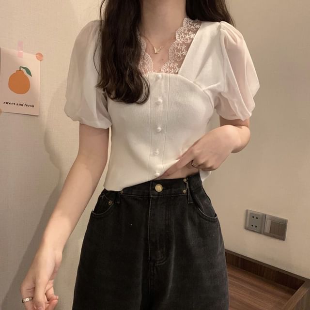 Top Embroidered V-Neck Button Short-Sleeve Panel