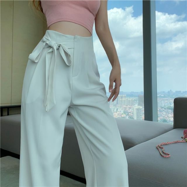 Wide Leg High Pants Dress Plain Tie-Up Waist