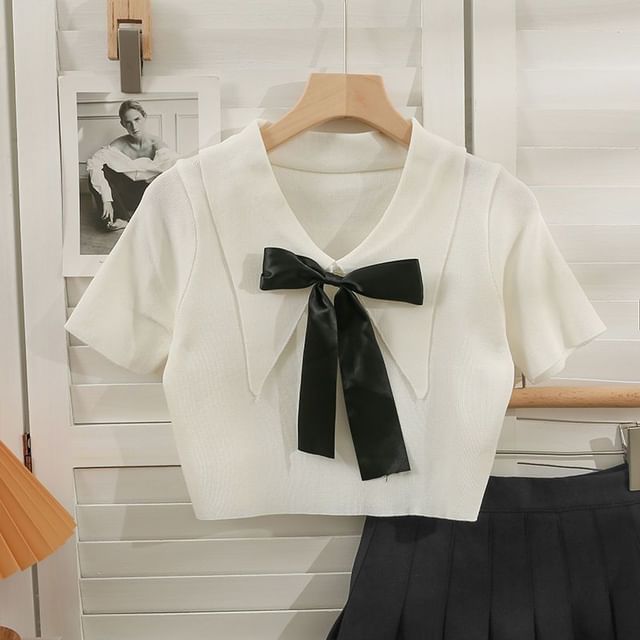 Knit Crop Bow Top Short-Sleeve Collared