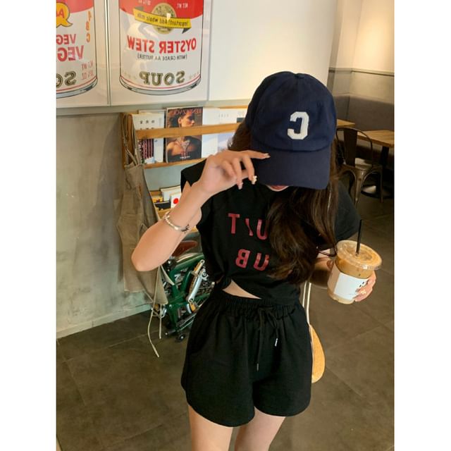 Plain Shorts Crew T-Shirt Drawstring Print Waist Short-Sleeve Set: + Lettering Neck