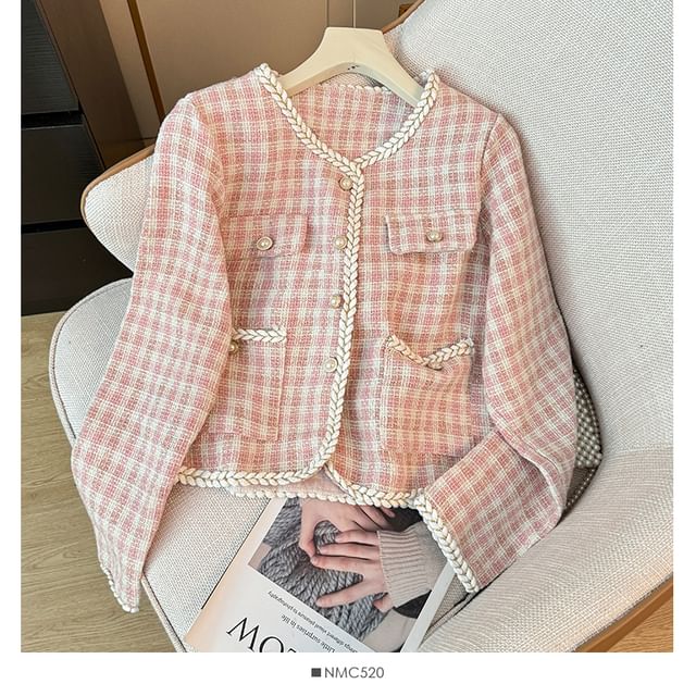 Contrasted Round-Neck Tweed Jacket