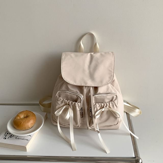 Plain Backpack Flap Accent Nylon Drawstring Bow