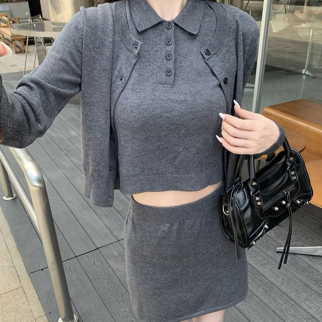 Round Neck Cardigan with Collared Knit Top and Mini Skirt