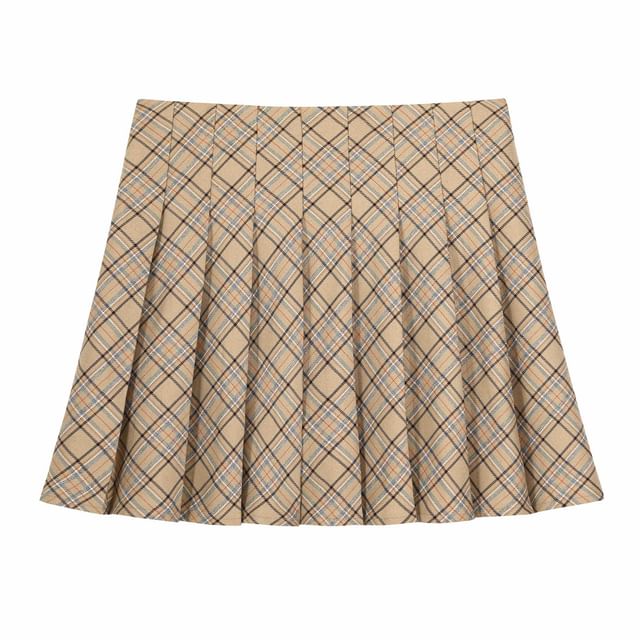 High-Waist Checkered Pleated Mini A-Line Skirt