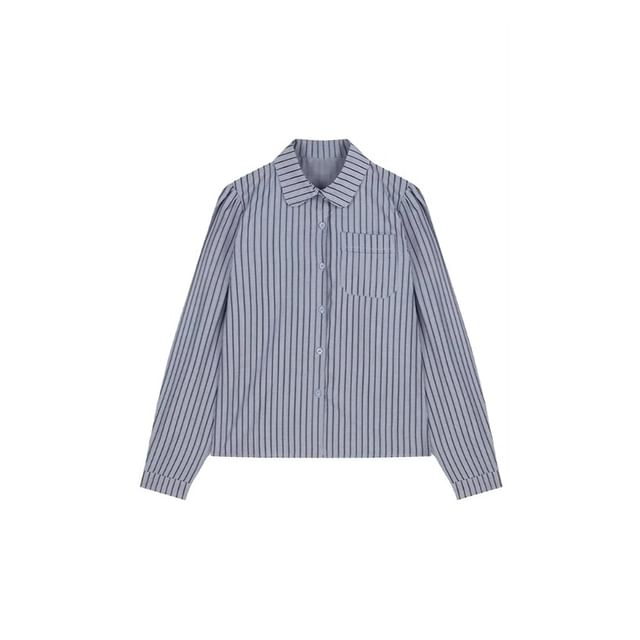 Long-Sleeve Striped Button-Up Shirt / Crew Neck Tweed Crop Vest / High Waist Pleated Mini A-Line Skirt / Set