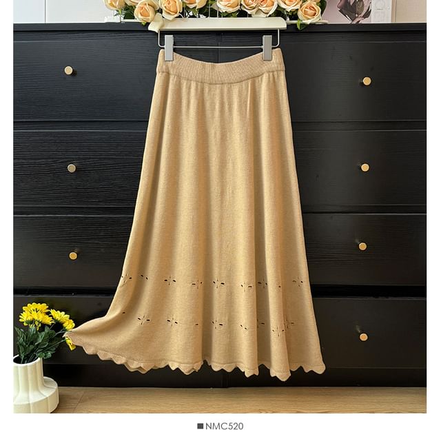 Eyelet-Embellished High-Rise Midi Flare Skirt