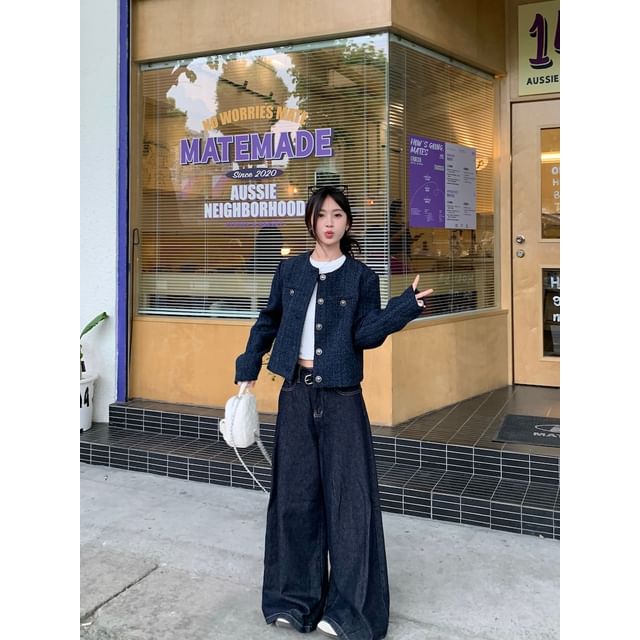 Crew Neck Plain Button-Up Tweed Crop Jacket / Mid Rise Washed Wide Leg Jeans