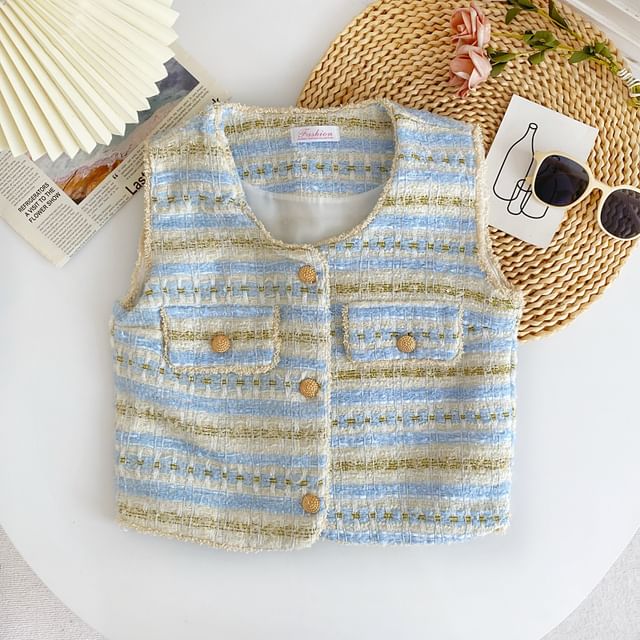 Sleeveless V-Neck Tweed Button Cropped Vest